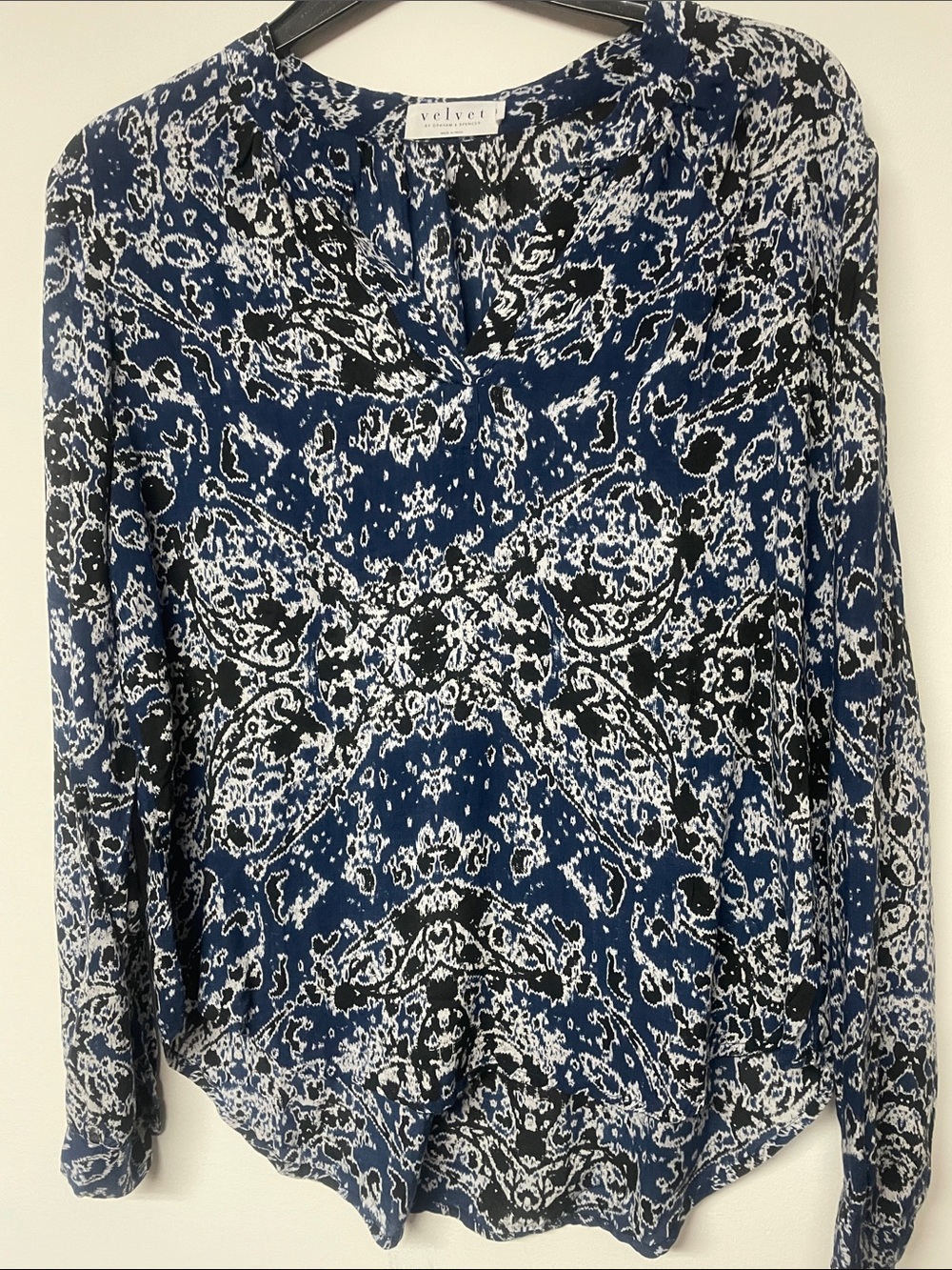 31. Velvet Blue and White Printed Long-Sleeve Blouse